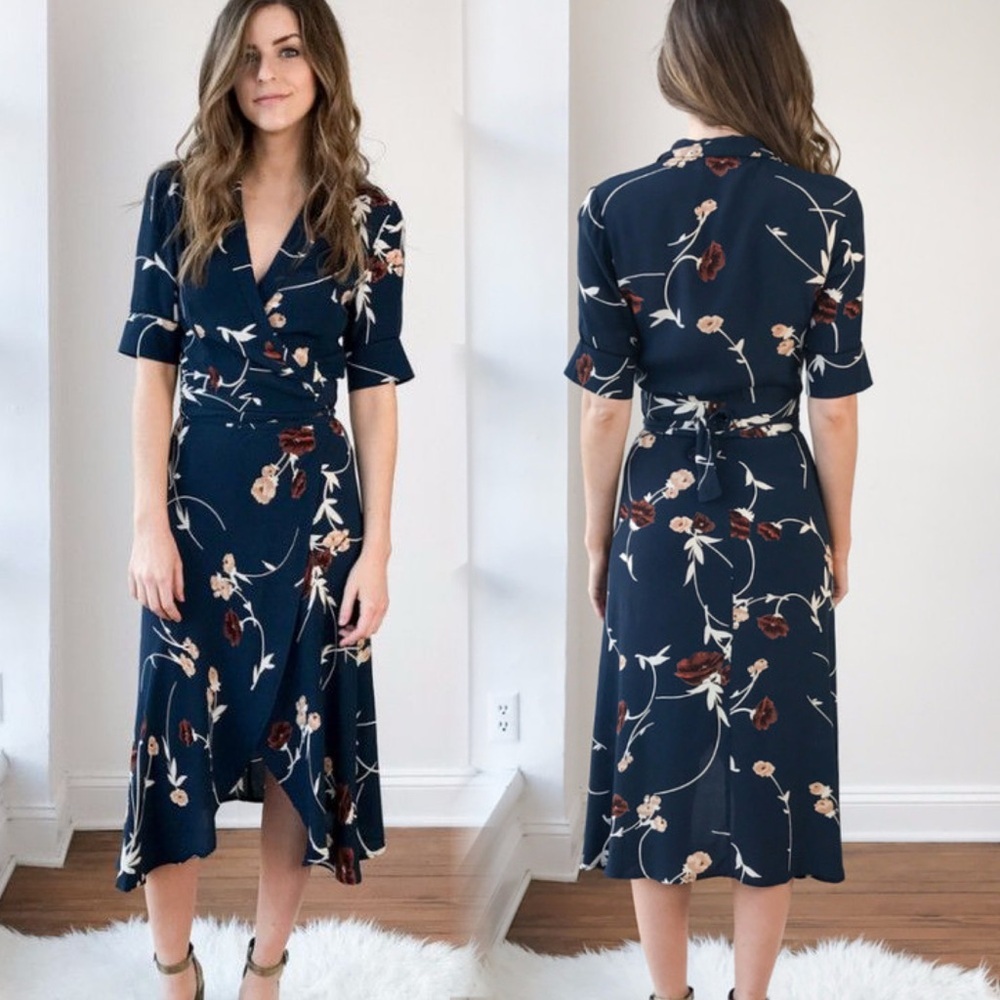 GANNI Blue Floral Wrap Midi Dress Tie Waist Short Sleeve Coastal Cottagecore